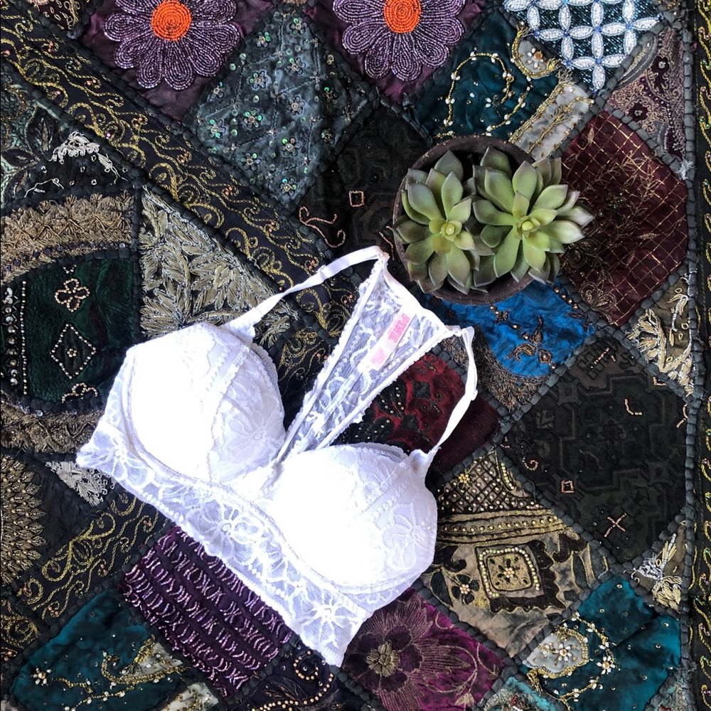 Pink Victoria’s Secret Lacy pull over bra in white
